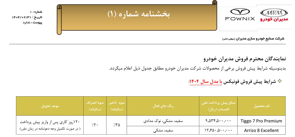 شرایط پیش فروش فونیکس با مدل سال 1404