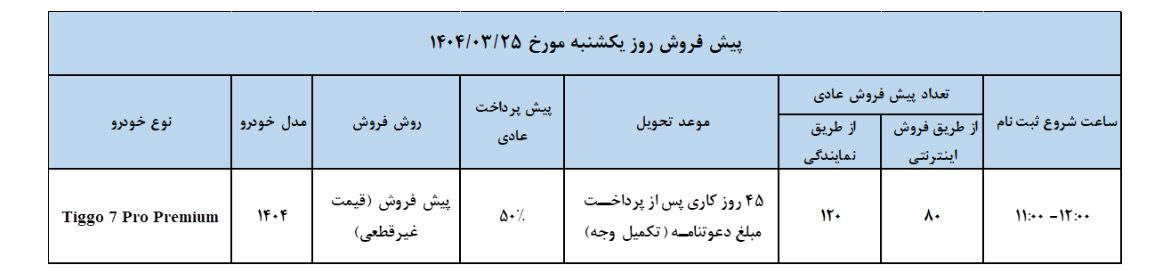پیش فروش روز یکشنبه مورخ ۱۴۰۴/۰۳/۲۵